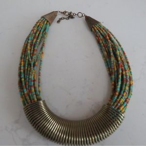 Vintage Bead Necklace with Brass Orange Red Turquoise